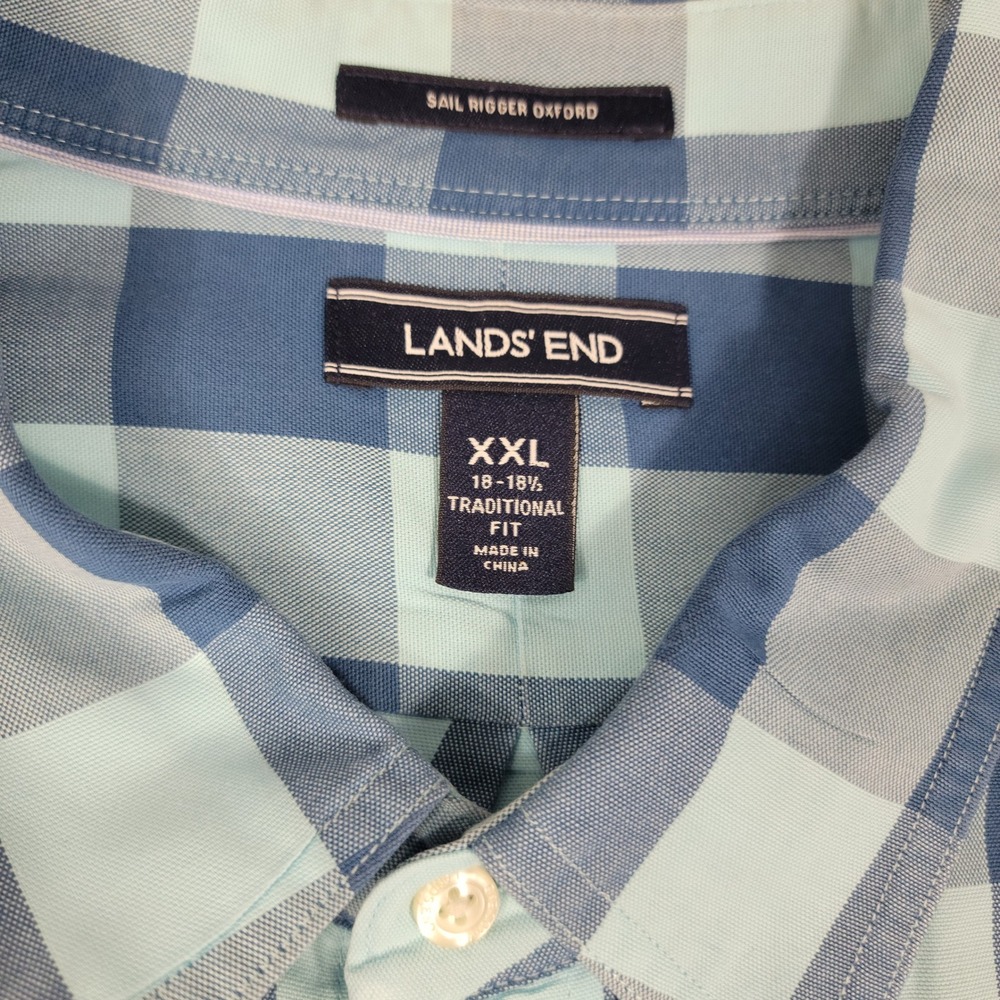 Lands' End Sail Rigger Oxford Blue Buffalo Check Shirt XXL Traditional Fit Long